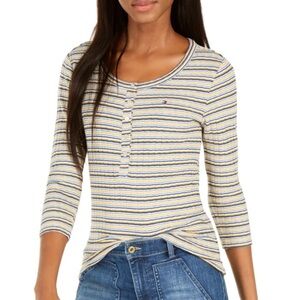 Tommy Hilfiger Front Snaps 3/4 Sleeve Striped Crew Neck Shirt XS Extra Small